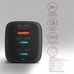 AXAGON ACU-DPQ65, GaN nabíjačka do siete 65W, 3x port (USB-A + dual USB-C), PD3.0/QC4+/PPS/Apple