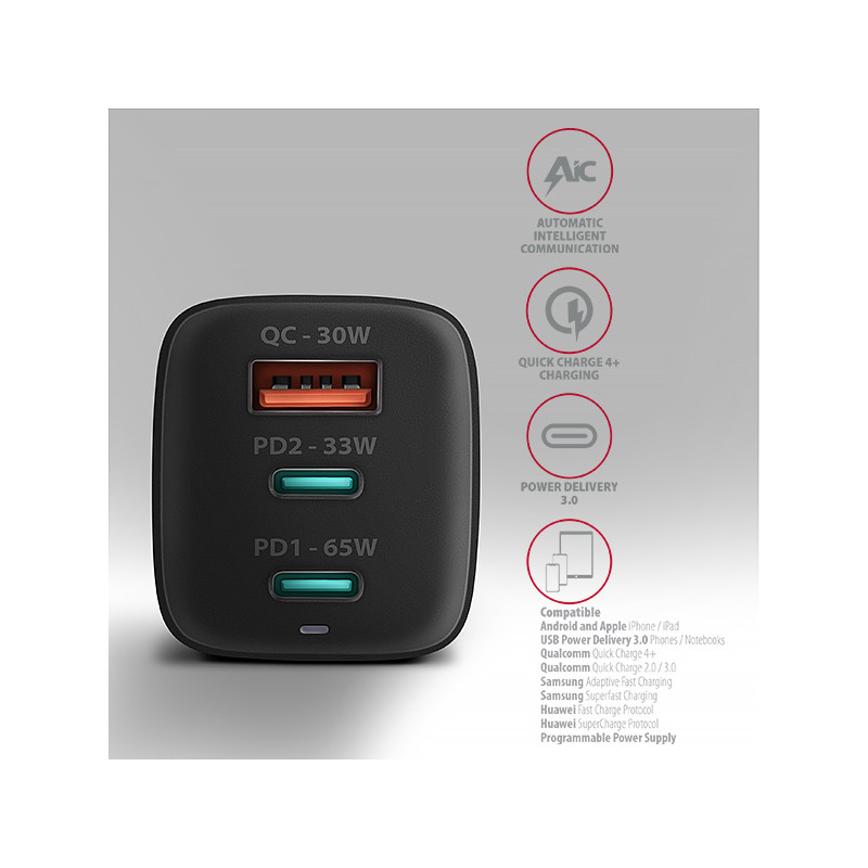 AXAGON ACU-DPQ65, GaN nabíjačka do siete 65W, 3x port (USB-A + dual USB-C), PD3.0/QC4+/PPS/Apple