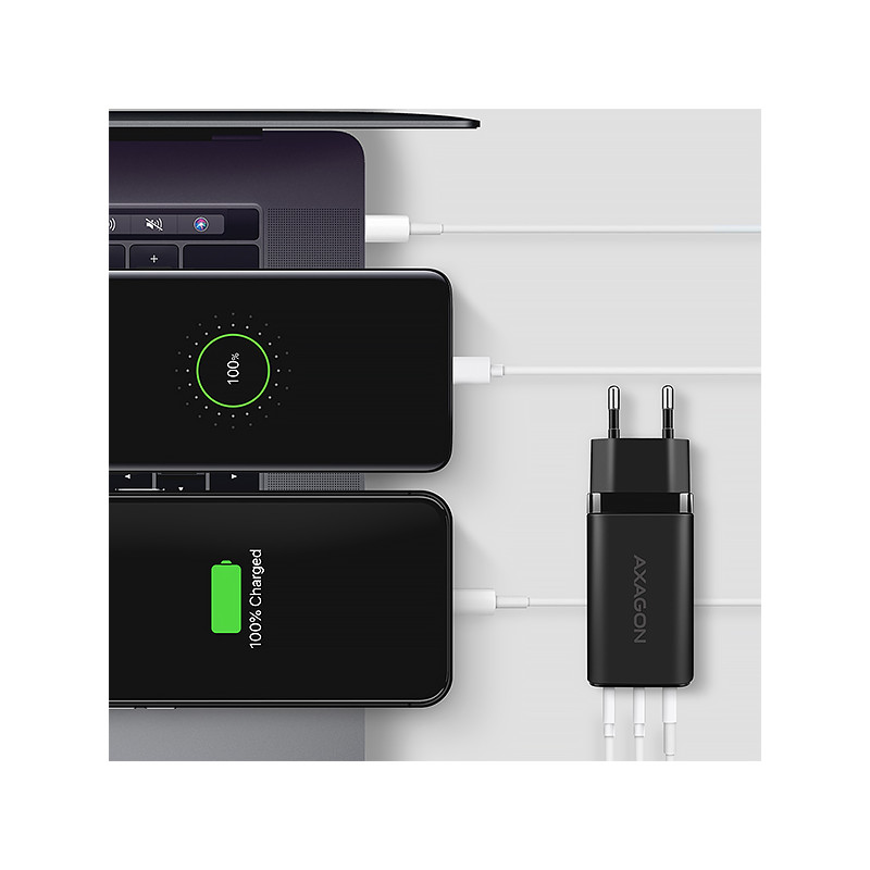 AXAGON ACU-DPQ65, GaN nabíjačka do siete 65W, 3x port (USB-A + dual USB-C), PD3.0/QC4+/PPS/Apple
