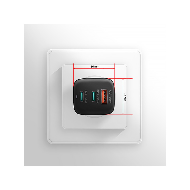 AXAGON ACU-DPQ65, GaN nabíjačka do siete 65W, 3x port (USB-A + dual USB-C), PD3.0/QC4+/PPS/Apple