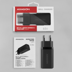AXAGON ACU-DPQ65, GaN nabíjačka do siete 65W, 3x port (USB-A + dual USB-C), PD3.0/QC4+/PPS/Apple