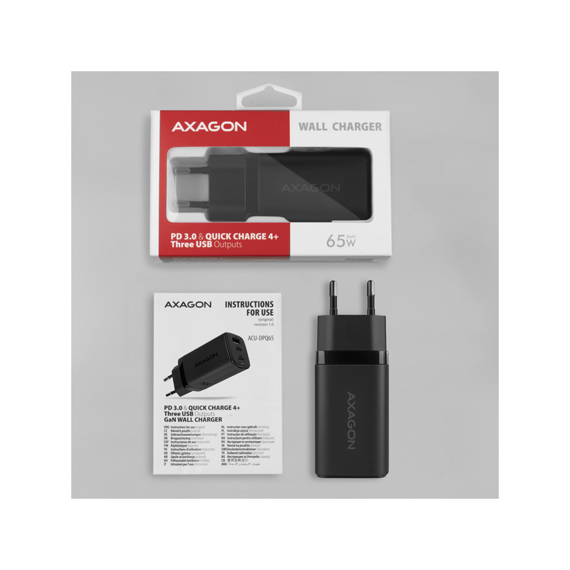 AXAGON ACU-DPQ65, GaN nabíjačka do siete 65W, 3x port (USB-A + dual USB-C), PD3.0/QC4+/PPS/Apple