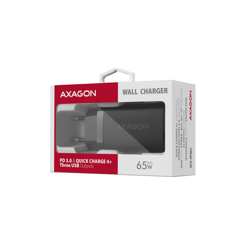 AXAGON ACU-DPQ65, GaN nabíjačka do siete 65W, 3x port (USB-A + dual USB-C), PD3.0/QC4+/PPS/Apple