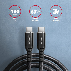 AXAGON BUCM-CM10AB, HQ kábel USB-C -- USB-C, 1m, USB 2.0, PD 60W 3A, ALU, oplet, čierny