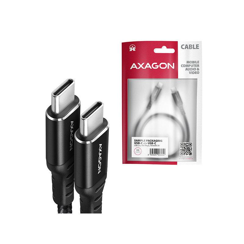 AXAGON BUCM-CM10AB, HQ kábel USB-C -- USB-C, 1m, USB 2.0, PD 60W 3A, ALU, oplet, čierny