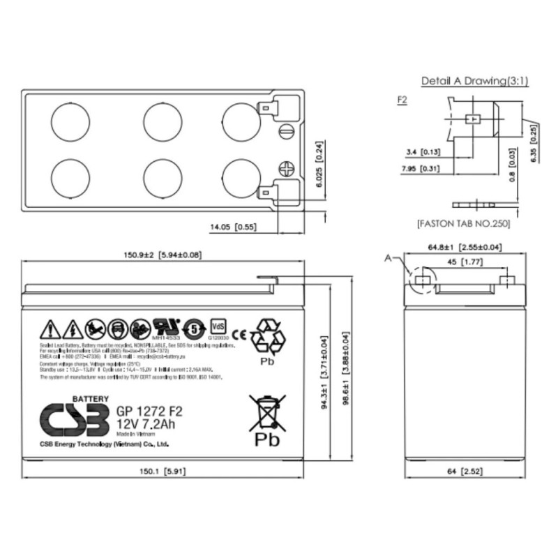 EATON - Batérie CSB GP1272F2, 12V, 7,2Ah, F2