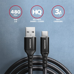 AXAGON BUCM-AM15AB, HQ kábel USB-C -- USB-A, 1.5m, USB 2.0, 3A, ALU, oplet, čierny