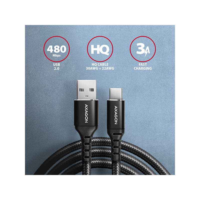 AXAGON BUCM-AM15AB, HQ kábel USB-C -- USB-A, 1.5m, USB 2.0, 3A, ALU, oplet, čierny