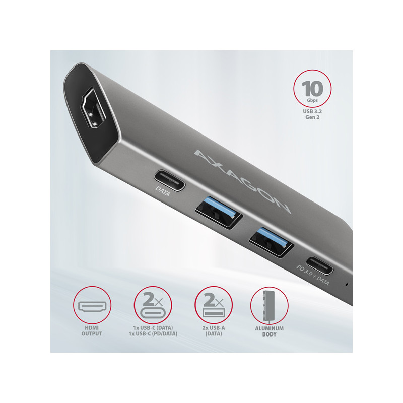 AXAGON HMC-5G21, USB 10Gb/s húb, porty 2x USB-A, 2x USB-C, HDMI 4k/30, PD 60W, kábel USB-C 13cm