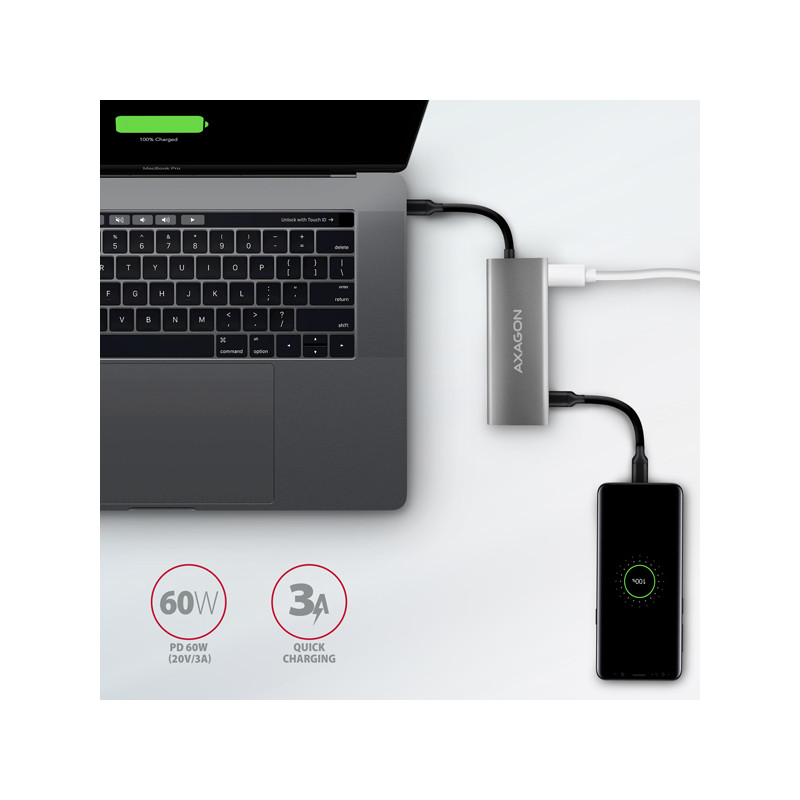 AXAGON HMC-5G21, USB 10Gb/s húb, porty 2x USB-A, 2x USB-C, HDMI 4k/30, PD 60W, kábel USB-C 13cm