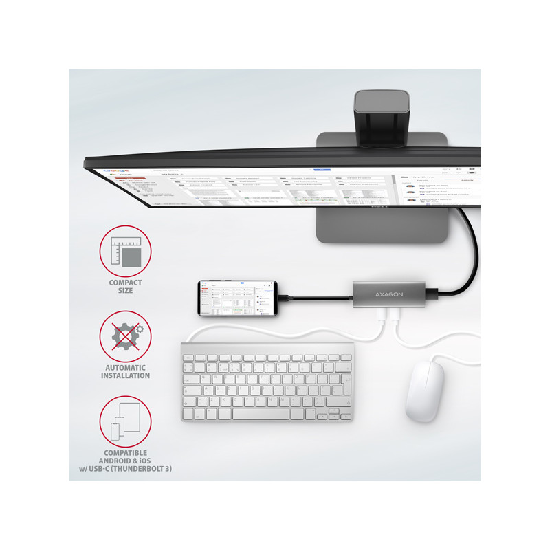 AXAGON HMC-5G21, USB 10Gb/s húb, porty 2x USB-A, 2x USB-C, HDMI 4k/30, PD 60W, kábel USB-C 13cm