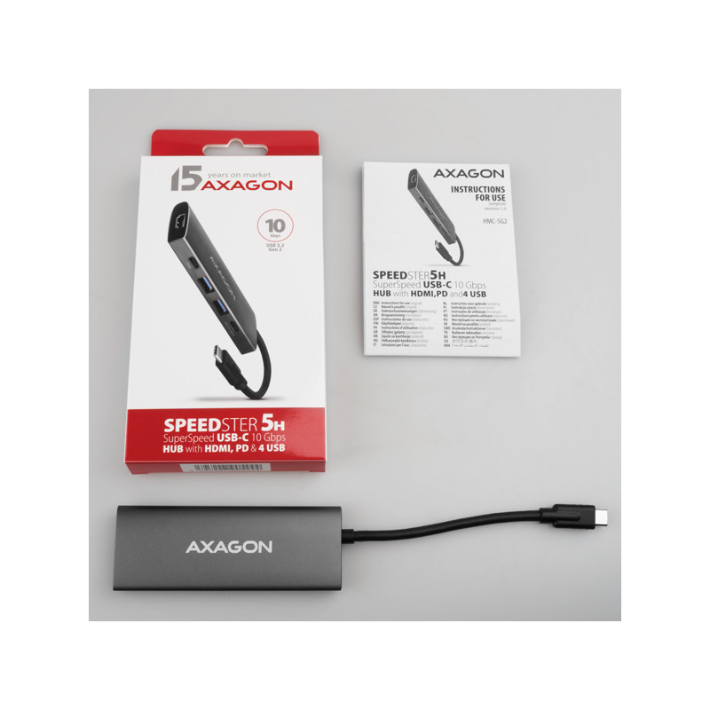 AXAGON HMC-5G21, USB 10Gb/s húb, porty 2x USB-A, 2x USB-C, HDMI 4k/30, PD 60W, kábel USB-C 13cm
