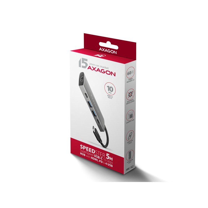 AXAGON HMC-5G21, USB 10Gb/s húb, porty 2x USB-A, 2x USB-C, HDMI 4k/30, PD 60W, kábel USB-C 13cm