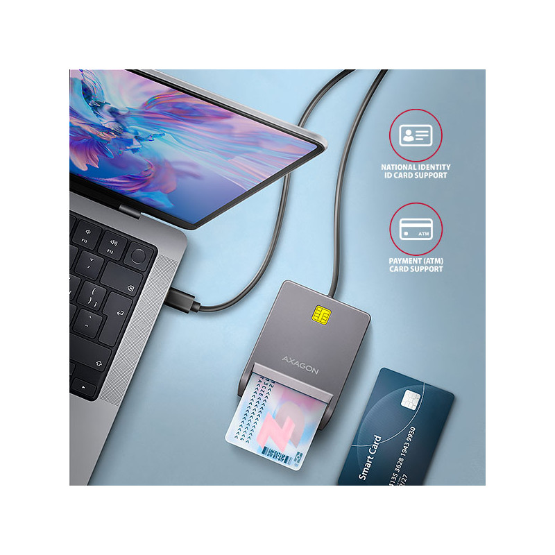AXAGON CRE-SM3TC, USB-C FlatReader čítačka kontaktných kariet Smart card (eObčanka), kábel 1.2m