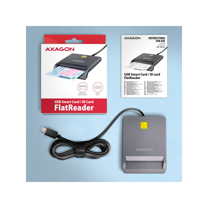 AXAGON CRE-SM3TC, USB-C FlatReader čítačka kontaktných kariet Smart card (eObčanka), kábel 1.2m