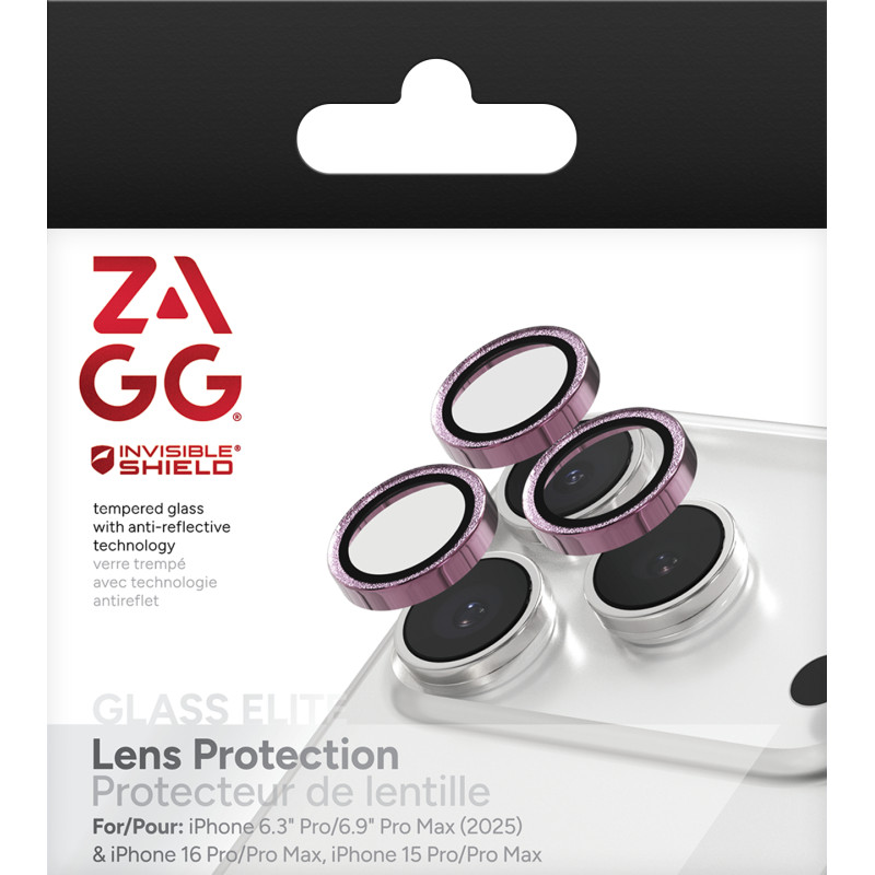 ZAGG Ochranná šošovka pre Apple iPhone 17 Pro/Pro Max/16 Pro/Pro Max/15 Pro/Pro Max - ružová trblietka