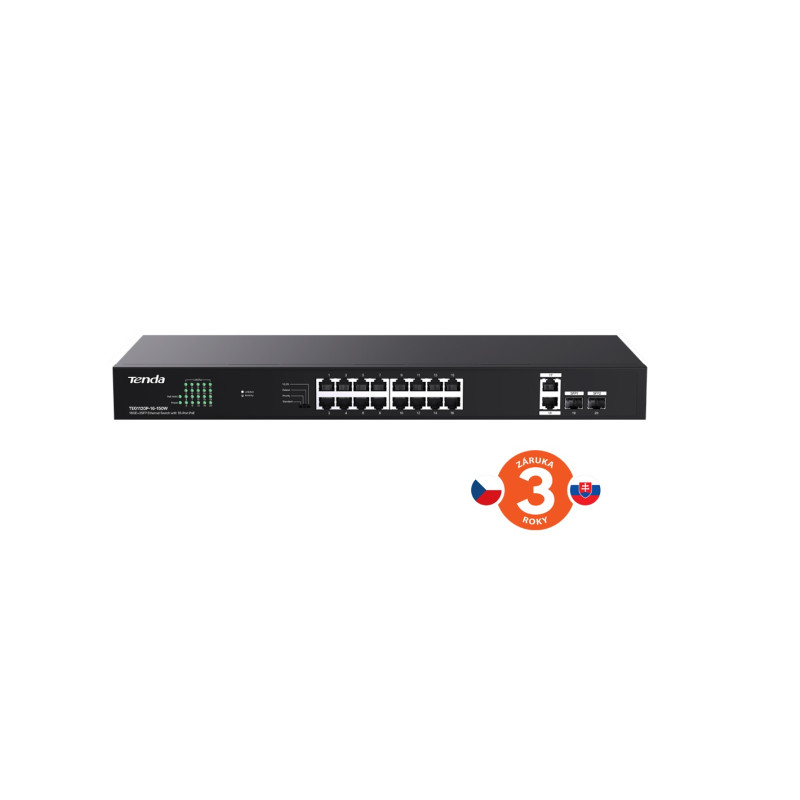 Tenda TEG1120P-16-150W PoE+ Gigabit switch 16x 1Gb/s PoE+ 802.3af/at + 2x SFP + 2x RJ45, 135W, Rack
