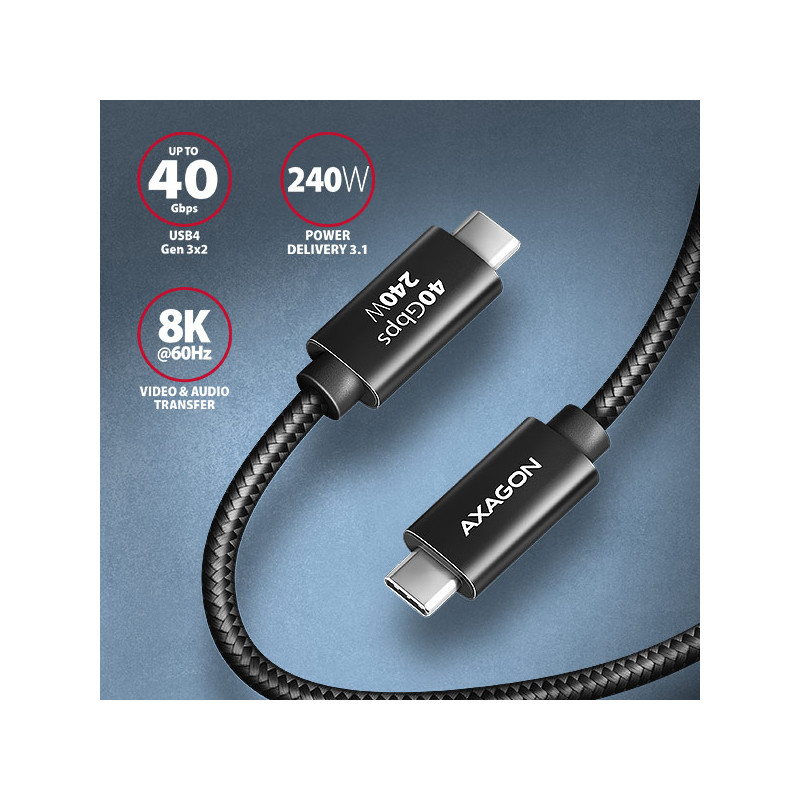 AXAGON BUCM4X-CM10AB NewGEN+ kábel USB-C -- USB-C, 1m, USB4 Gen 3×2, PD 240W 5A, 8K HD, ALU, opletenie