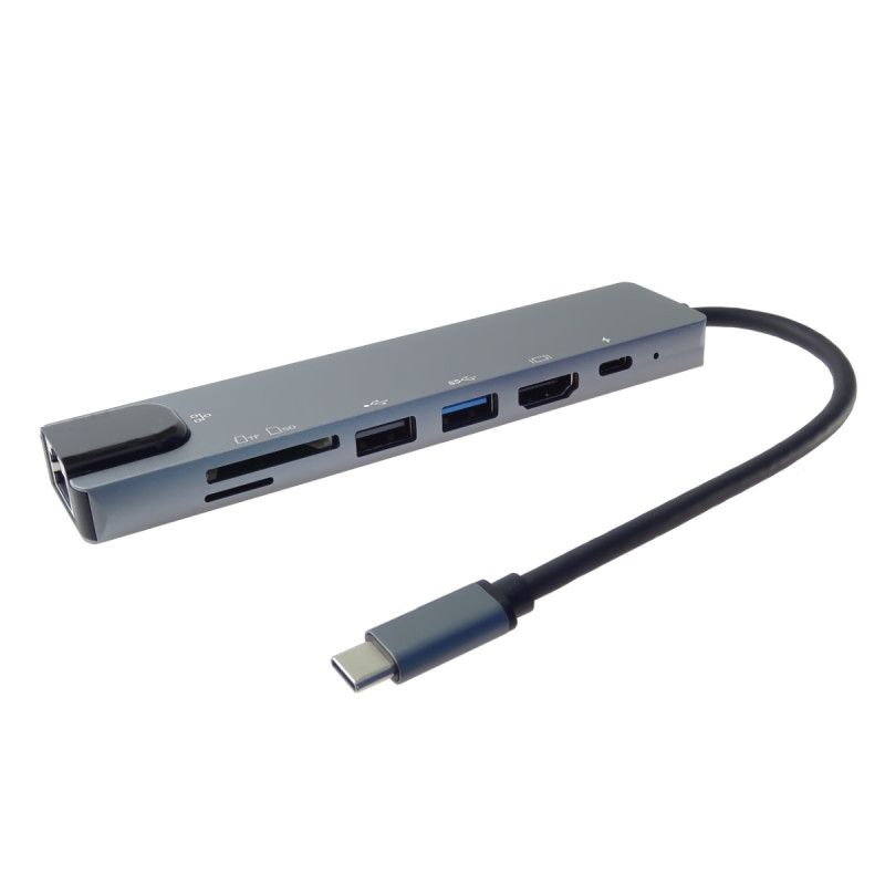 PremiumCord USB-C na HDMI + USB3.0 + USB2.0 + PD + SD/TF + RJ45 adaptér