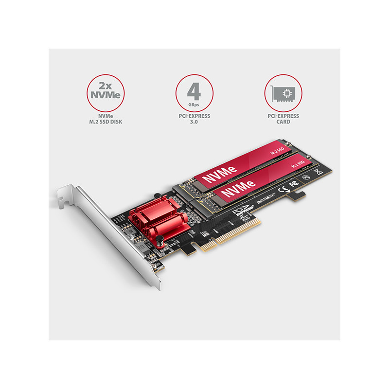 AXAGON PCEM2-ND, PCIe x8 radič - 2x M.2 NVMe M-key slot, RAID, podpora dosiek bez bifurkácie, vr. LP