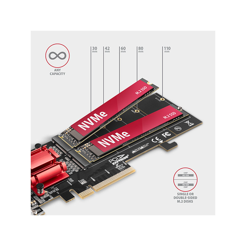 AXAGON PCEM2-ND, PCIe x8 radič - 2x M.2 NVMe M-key slot, RAID, podpora dosiek bez bifurkácie, vr. LP