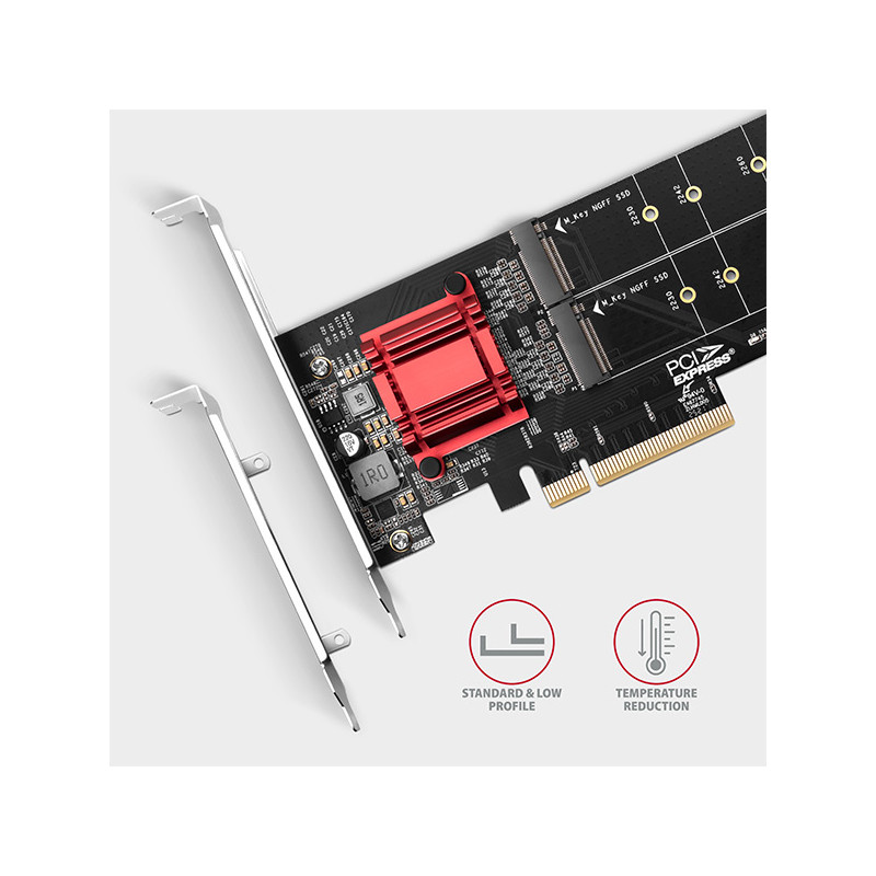 AXAGON PCEM2-ND, PCIe x8 radič - 2x M.2 NVMe M-key slot, RAID, podpora dosiek bez bifurkácie, vr. LP