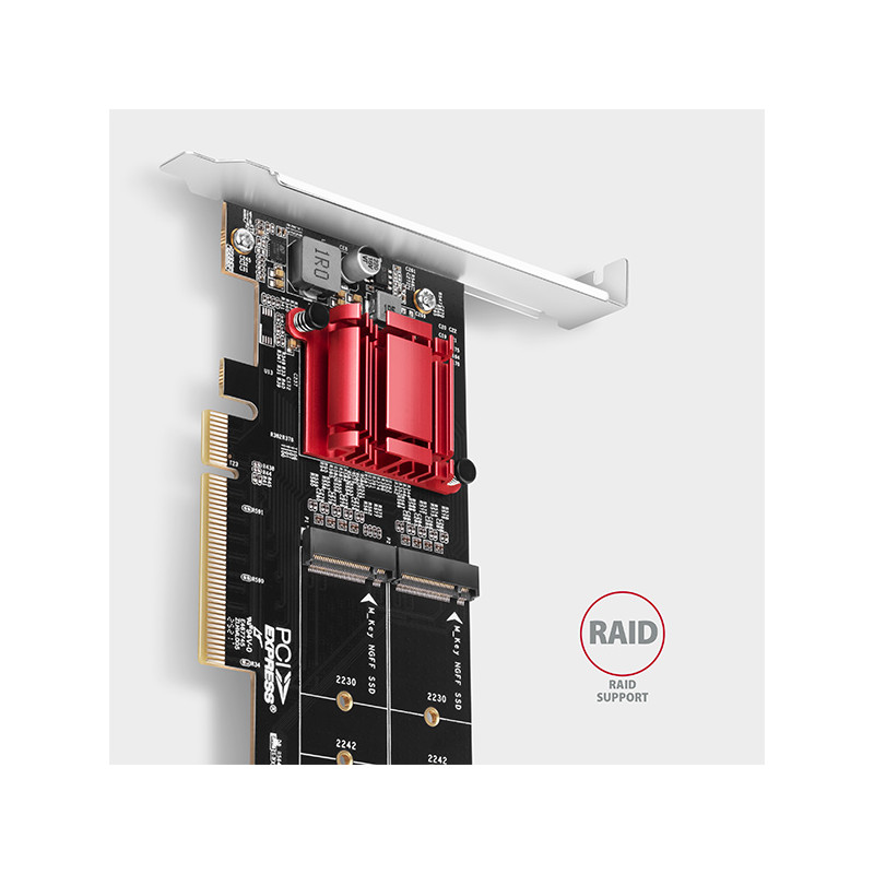AXAGON PCEM2-ND, PCIe x8 radič - 2x M.2 NVMe M-key slot, RAID, podpora dosiek bez bifurkácie, vr. LP