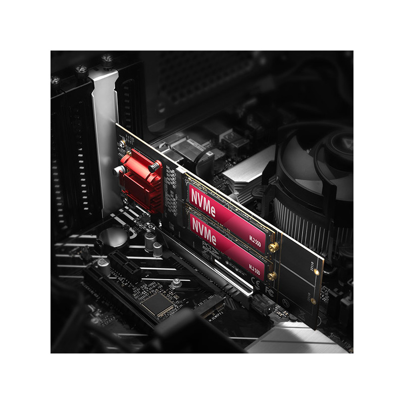 AXAGON PCEM2-ND, PCIe x8 radič - 2x M.2 NVMe M-key slot, RAID, podpora dosiek bez bifurkácie, vr. LP