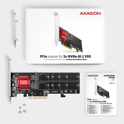 AXAGON PCEM2-ND, PCIe x8 radič - 2x M.2 NVMe M-key slot, RAID, podpora dosiek bez bifurkácie, vr. LP