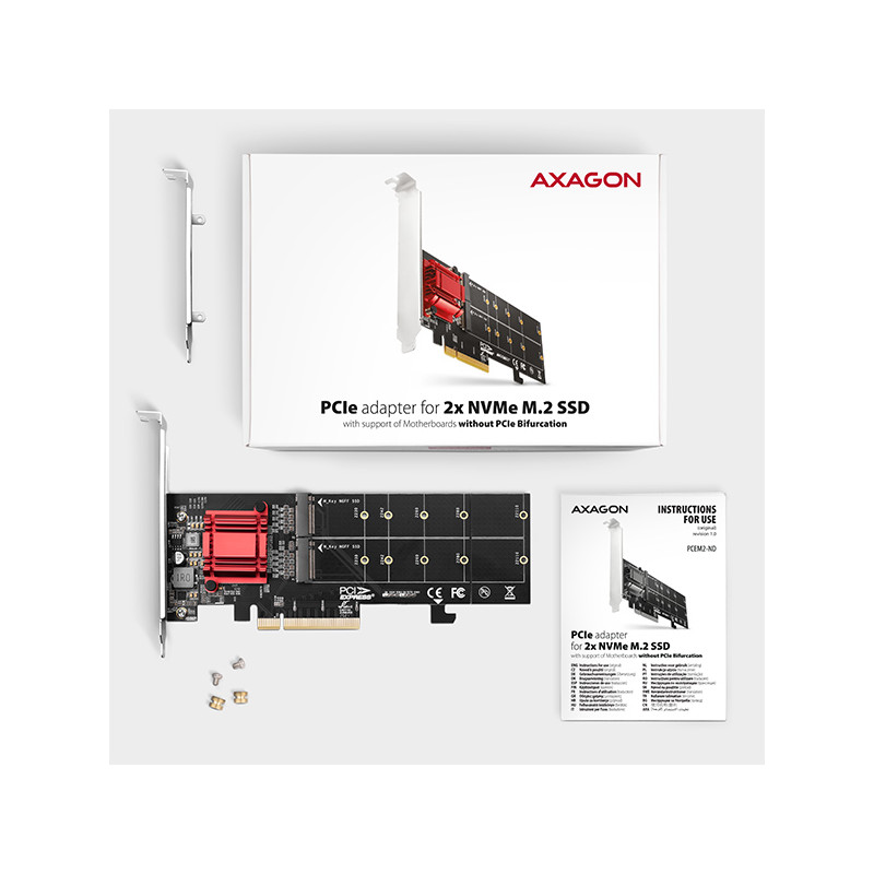 AXAGON PCEM2-ND, PCIe x8 radič - 2x M.2 NVMe M-key slot, RAID, podpora dosiek bez bifurkácie, vr. LP