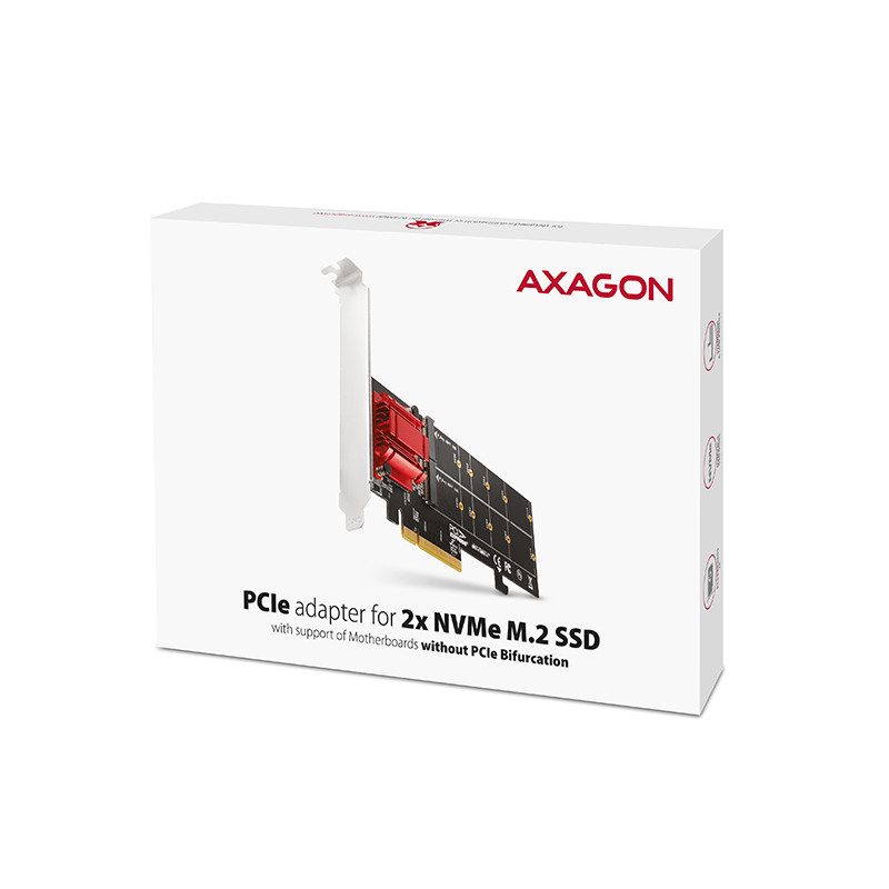 AXAGON PCEM2-ND, PCIe x8 radič - 2x M.2 NVMe M-key slot, RAID, podpora dosiek bez bifurkácie, vr. LP