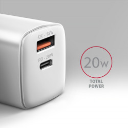 AXAGON ACU-PQ20W nabíjačka do siete 20W, 2x port (USB-A + USB-C), PD3.0/PPS/QC4+/AFC/Apple, biela