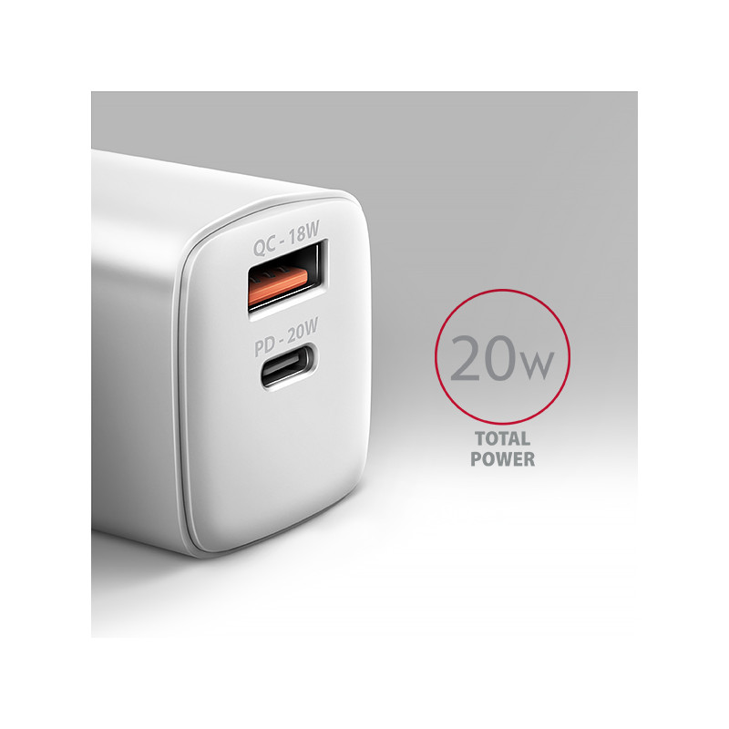 AXAGON ACU-PQ20W nabíjačka do siete 20W, 2x port (USB-A + USB-C), PD3.0/PPS/QC4+/AFC/Apple, biela
