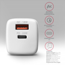 AXAGON ACU-PQ20W nabíjačka do siete 20W, 2x port (USB-A + USB-C), PD3.0/PPS/QC4+/AFC/Apple, biela