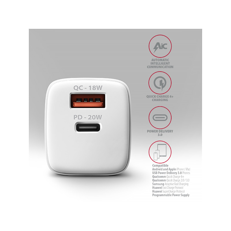 AXAGON ACU-PQ20W nabíjačka do siete 20W, 2x port (USB-A + USB-C), PD3.0/PPS/QC4+/AFC/Apple, biela