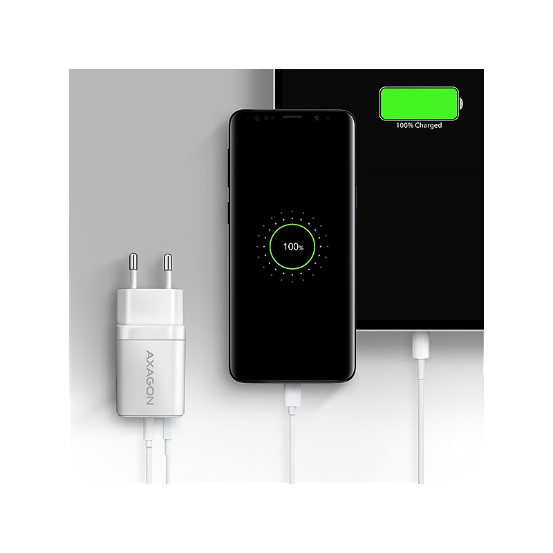 AXAGON ACU-PQ20W nabíjačka do siete 20W, 2x port (USB-A + USB-C), PD3.0/PPS/QC4+/AFC/Apple, biela