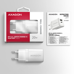 AXAGON ACU-PQ20W nabíjačka do siete 20W, 2x port (USB-A + USB-C), PD3.0/PPS/QC4+/AFC/Apple, biela