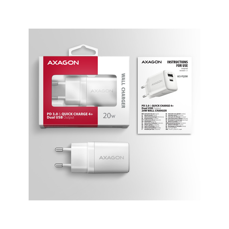 AXAGON ACU-PQ20W nabíjačka do siete 20W, 2x port (USB-A + USB-C), PD3.0/PPS/QC4+/AFC/Apple, biela