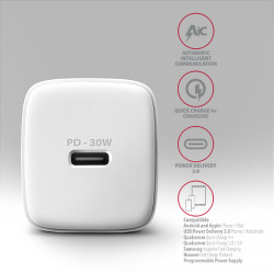 AXAGON ACU-PD30W, Sil nabíjačka do siete 30W, 1x port USB-C, PD3.0/PPS/QC4+/SFC/AFC/Apple, biela