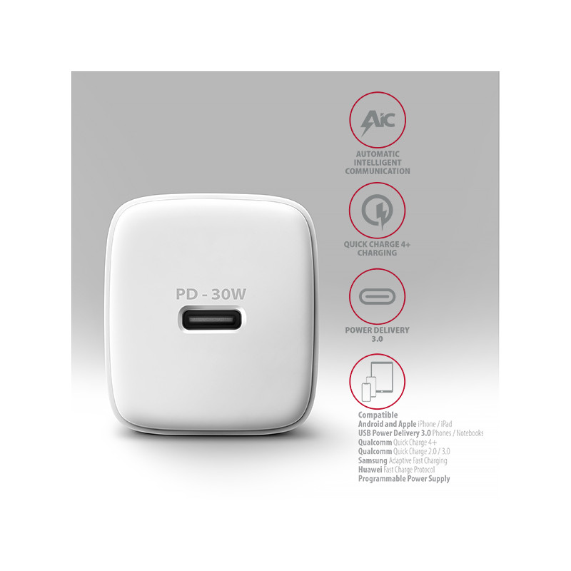 AXAGON ACU-PD30W, Sil nabíjačka do siete 30W, 1x port USB-C, PD3.0/PPS/QC4+/SFC/AFC/Apple, biela