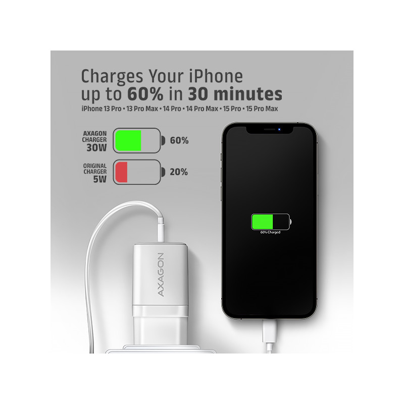 AXAGON ACU-PD30W, Sil nabíjačka do siete 30W, 1x port USB-C, PD3.0/PPS/QC4+/SFC/AFC/Apple, biela