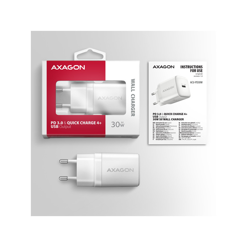 AXAGON ACU-PD30W, Sil nabíjačka do siete 30W, 1x port USB-C, PD3.0/PPS/QC4+/SFC/AFC/Apple, biela