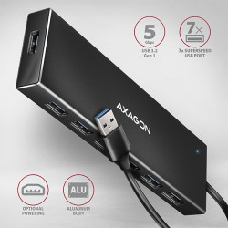 AXAGON HUE-F7A, 7x USB 3.2 Gen 1 ALU FLAT CHARGING húb, micro USB napájací konektor, kábel USB-A 1m