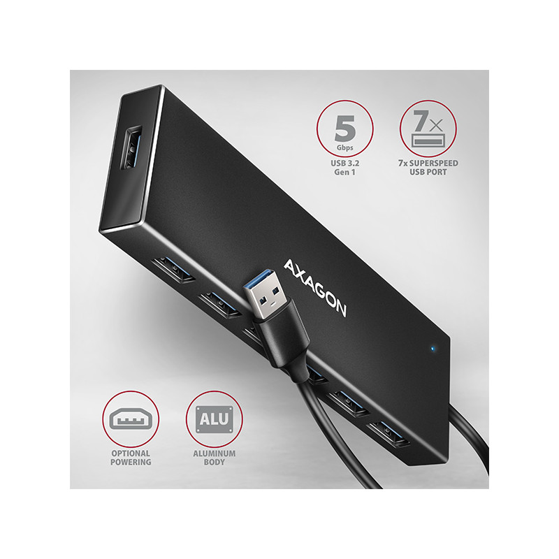 AXAGON HUE-F7A, 7x USB 3.2 Gen 1 ALU FLAT CHARGING húb, micro USB napájací konektor, kábel USB-A 1m