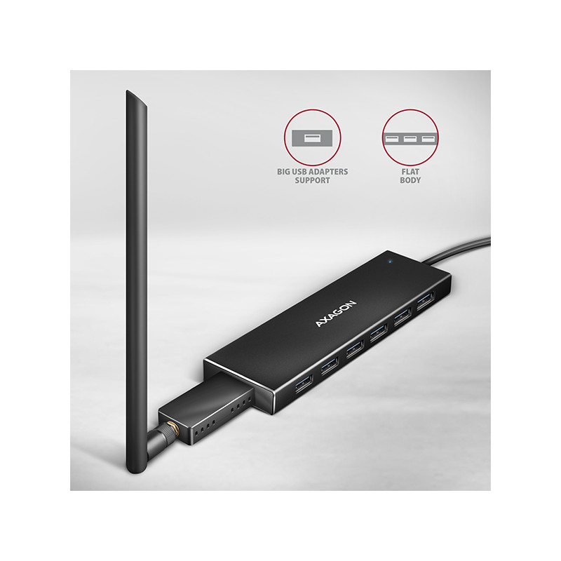 AXAGON HUE-F7A, 7x USB 3.2 Gen 1 ALU FLAT CHARGING húb, micro USB napájací konektor, kábel USB-A 1m