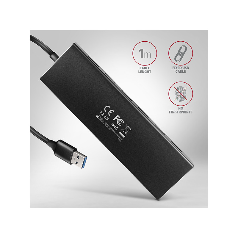 AXAGON HUE-F7A, 7x USB 3.2 Gen 1 ALU FLAT CHARGING húb, micro USB napájací konektor, kábel USB-A 1m