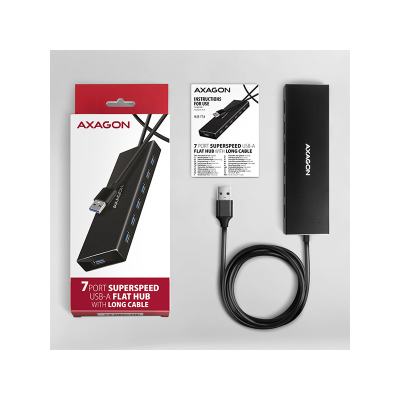 AXAGON HUE-F7A, 7x USB 3.2 Gen 1 ALU FLAT CHARGING húb, micro USB napájací konektor, kábel USB-A 1m
