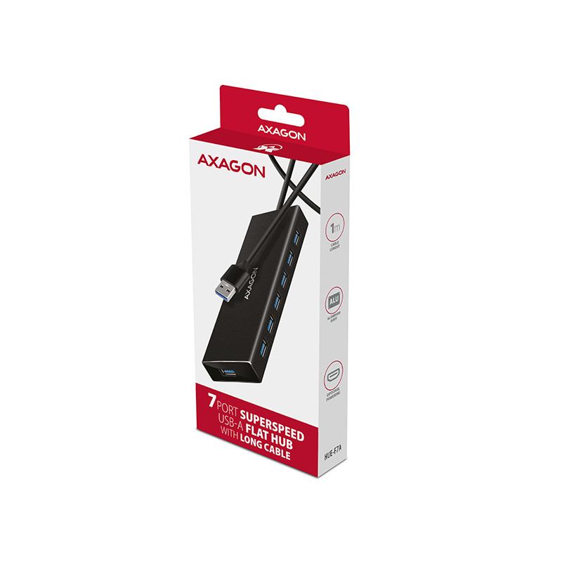 AXAGON HUE-F7A, 7x USB 3.2 Gen 1 ALU FLAT CHARGING húb, micro USB napájací konektor, kábel USB-A 1m