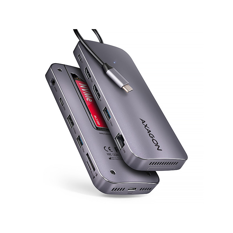AXAGON HMC-12GM2, USB 10Gbps hub, 3x USB-A, USB-C, HDMI, DP, RJ-45 GLAN, M.2, SD/mSD, audio, PD