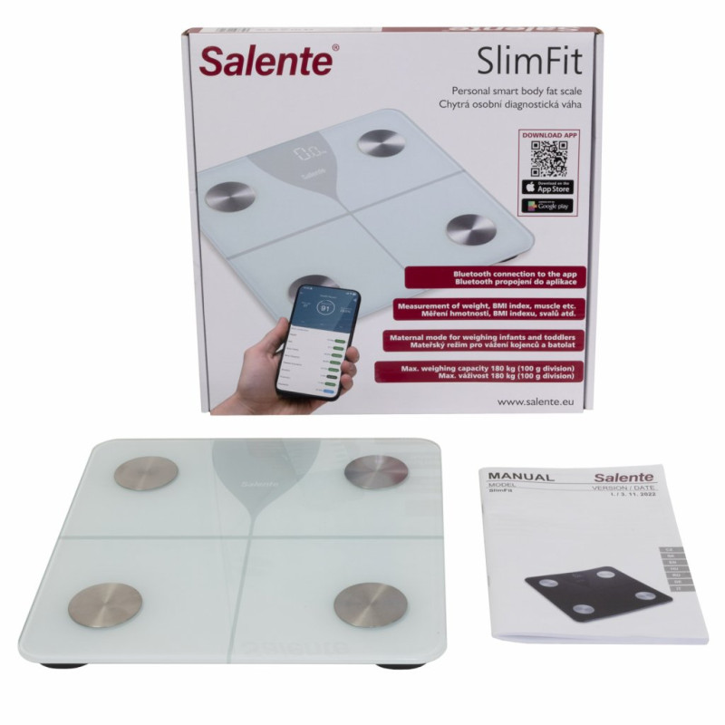 Salente SlimFit, múdra osobná diagnostická fitness váha, Bluetooth, biela